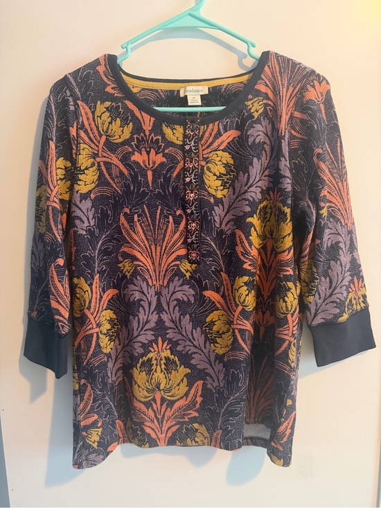 Sundance Tops - Sundance Floral WaffleTop in Navy, Mustard & Coral Thermal Long 3/4 Sleeve